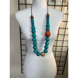 Chunky Wood Beaded Necklace Graduated on Leather